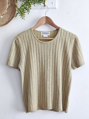 Nipon Studio Gold Metallic Ribbed Knit Top Short Sleeve Vintage M